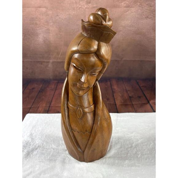1960's Monkey Pod Wood Carved Princess Woman Bust Statue Bagio Phillipines